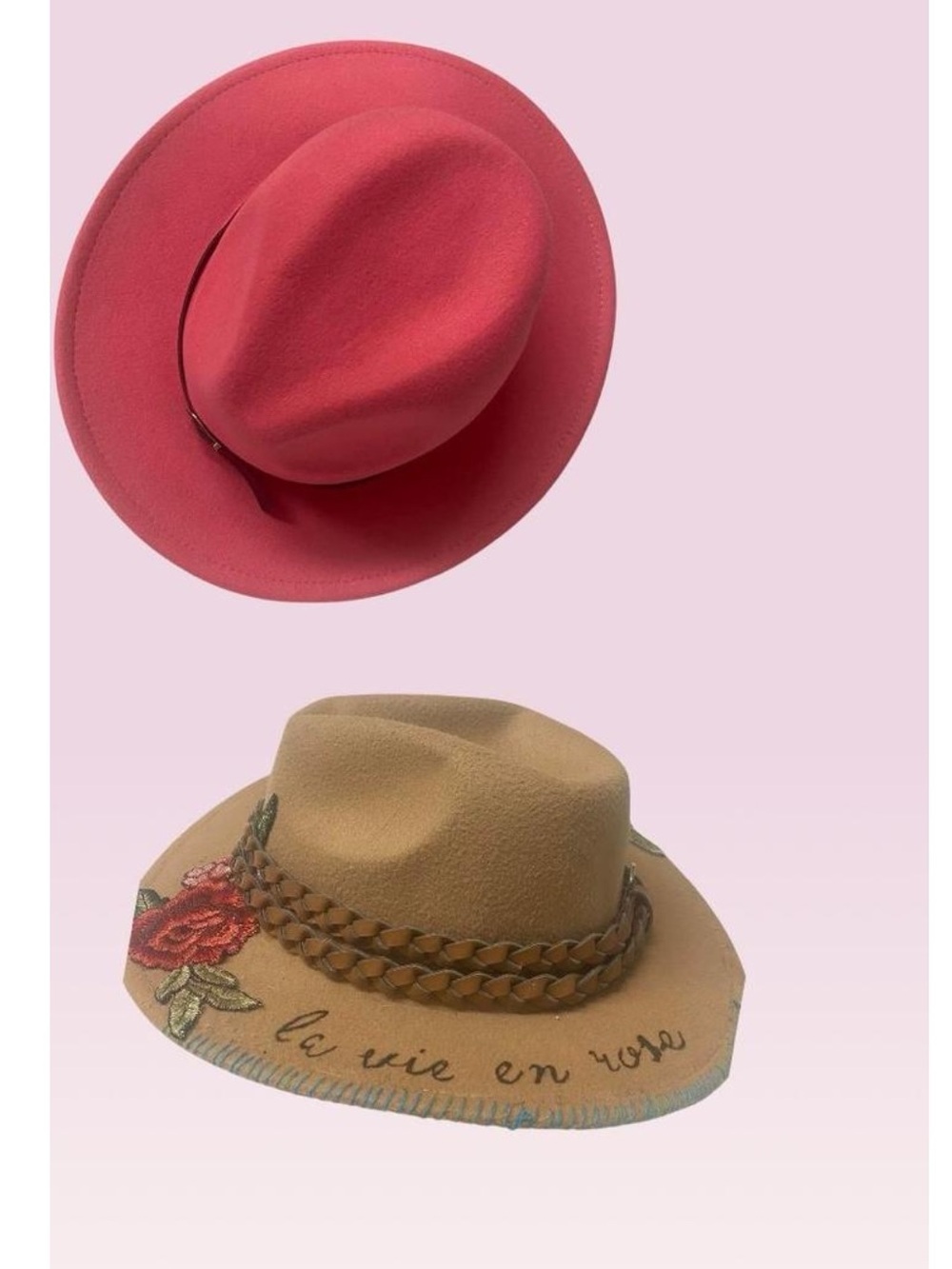 Wide Brim Embroidered Fedora Hat - Pink and Tan